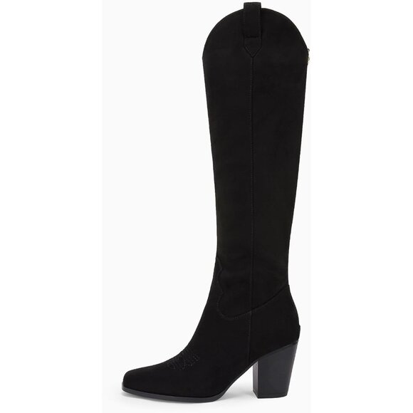 Women Suede Black Cowboy Knee High Chunky Block Heel Square Toe Tall Riding Boot - Picture 3 of 5